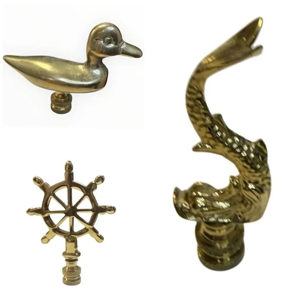 Brass Finials Set of Three Ships Wheel Fish Duck